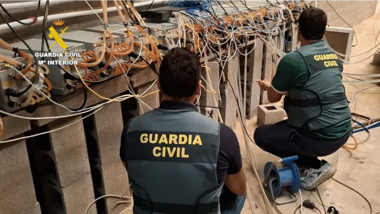 Agentes de la Guardia Civil desmantelando una granja de criptomonedas ilegal